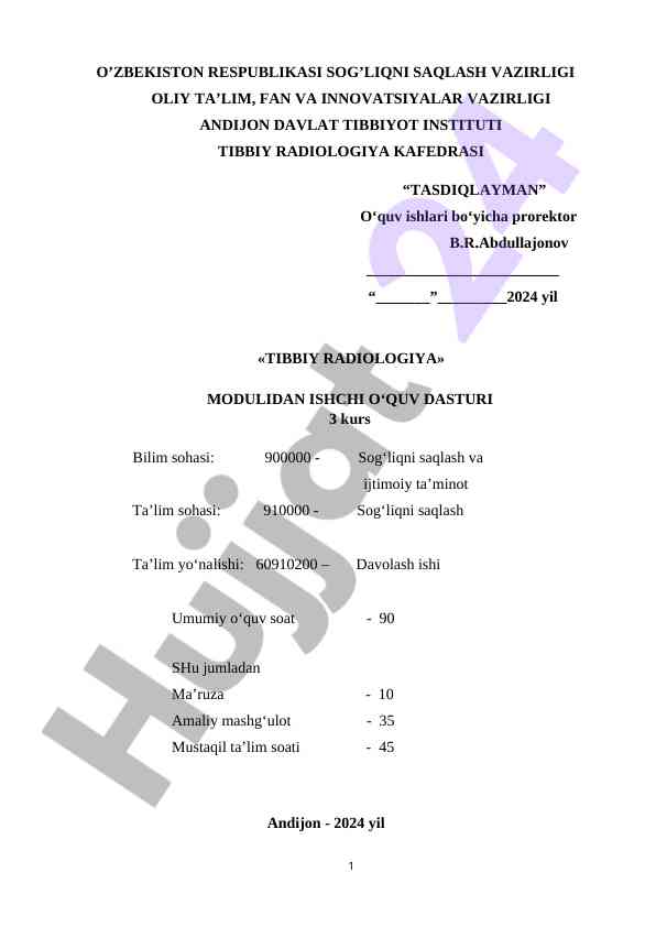 Tibbiy radiologiya modulidan ishchi o‘quv dasturi
