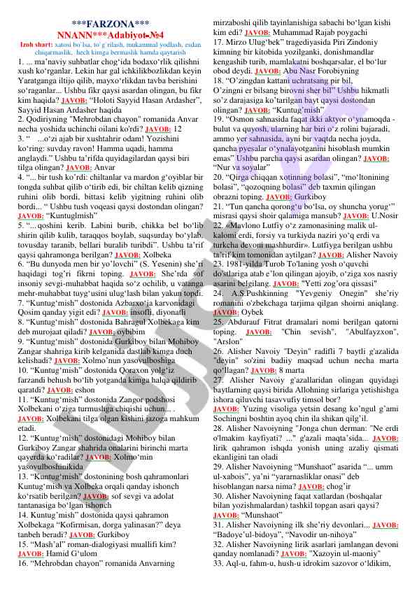 Adabiyot mavzulari bo'yicha test savollari