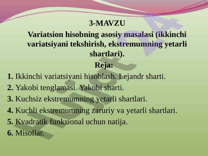 Variatsion hisobning asosiy masalalari va misollar