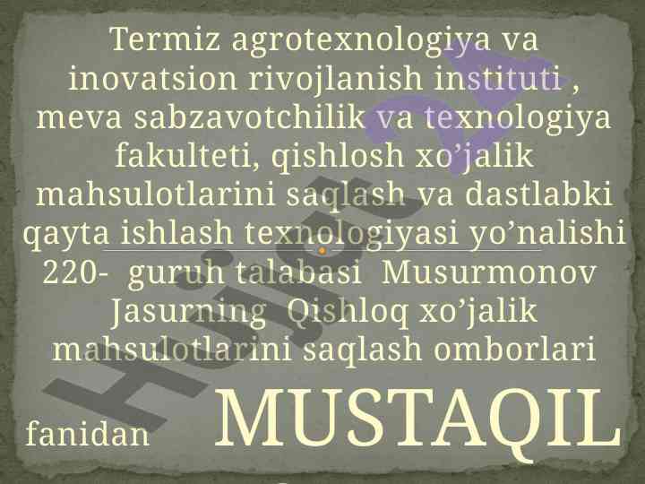 Kartoshkani saqlash texnologiyalari haqida mustaqil ish