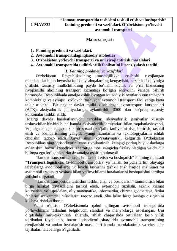Avtomobil transportida iqtisodiy islohotlar