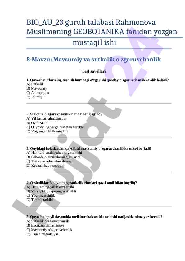Mavsumiy va sutkalik o‘zgaruvchanlik test savollari
