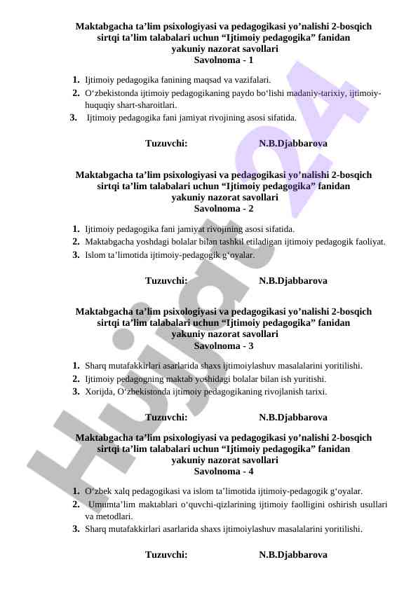 Ijtimoiy pedagogika fanidan yakuniy nazorat savollari