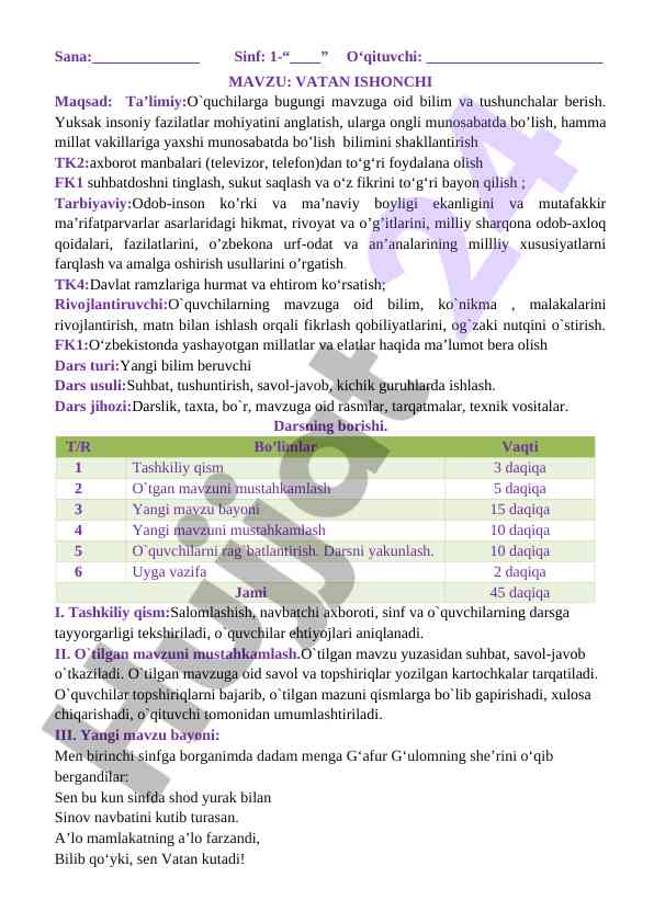 Vatan ishonchi mavzusida dars ishlanmasi