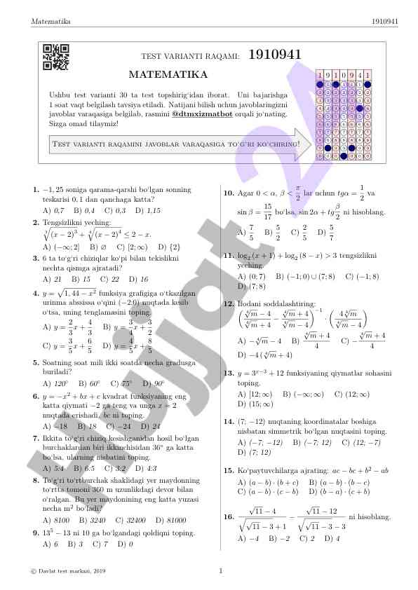 Matematika test varianti raqami 1910941