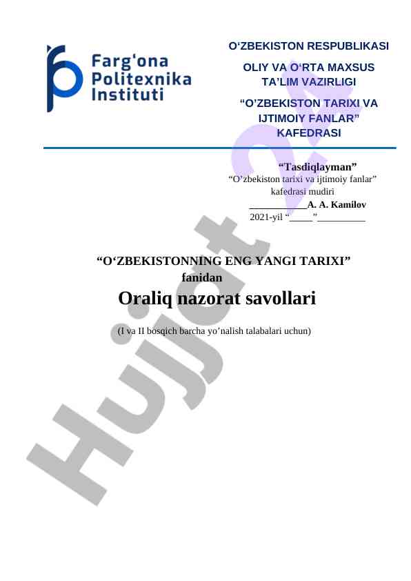 O‘zbekistonning eng yangi tarixi oraliq nazorat savollari