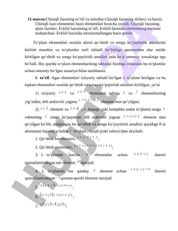Chiziqli fazoning ta’riflari va misolari
