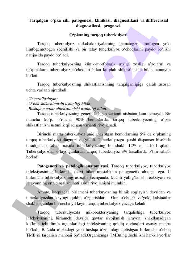 O‘pka sili tarqoq tuberkulyozining tarqalishi va diagnostikasi