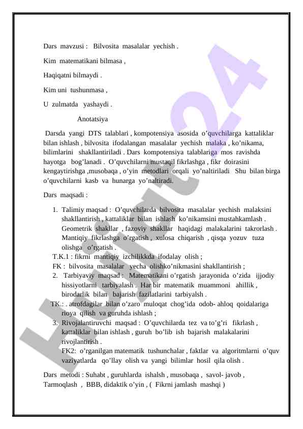Bilvosita masalalar yechish dars rejasi