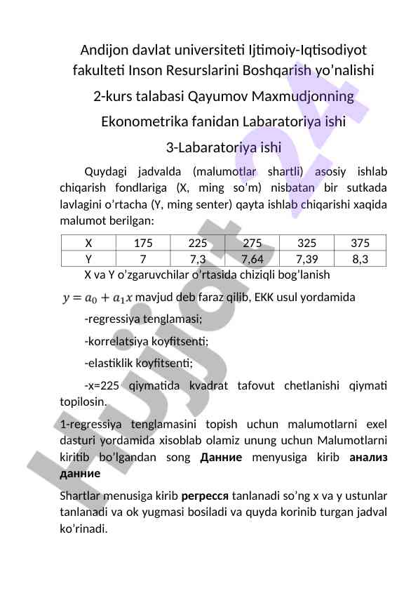 Ekonometrik tadqiqotlar laboratoriya ishlari