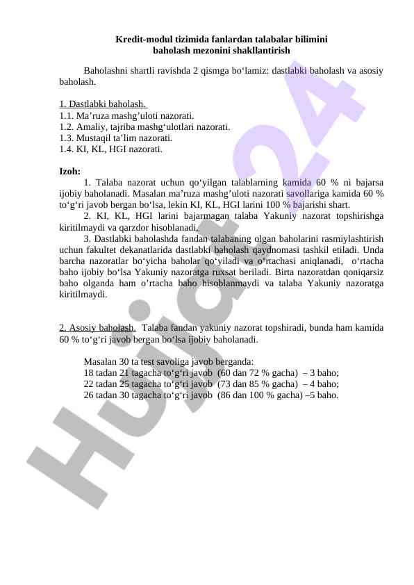 Kredit-modul tizimida talabalar bilimini baholash