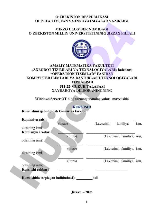 Windows server ot tarmoq texnologiyalari kurs ishlari