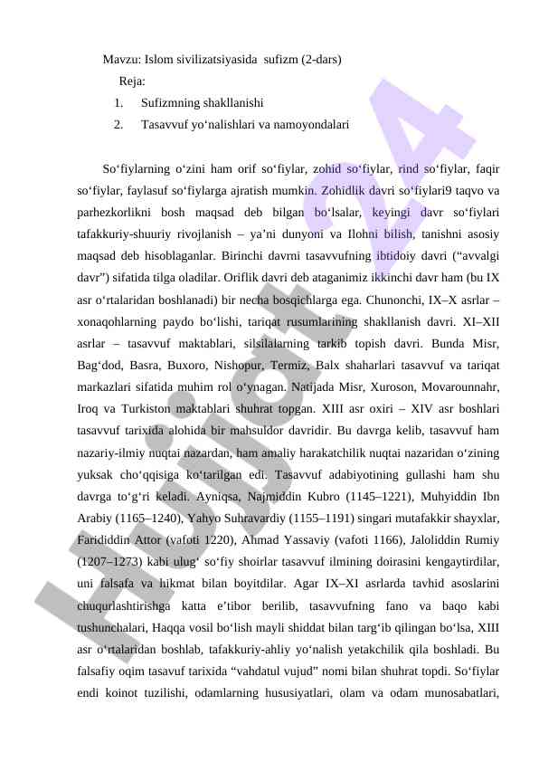 Islom sivilizatsiyasida sufizm: 2-dars reja