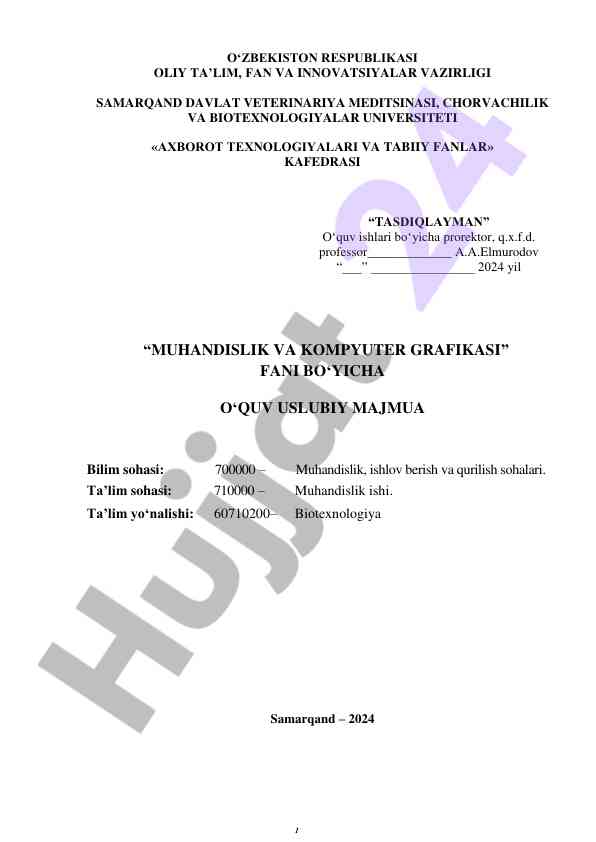 Muhandislik va kompyuter grafikasi o'quv uslubiy majmua