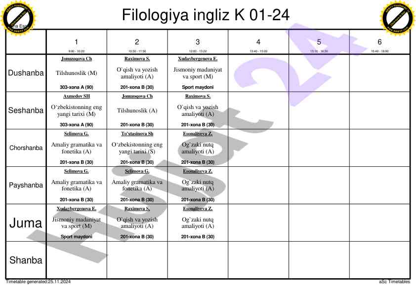 O‘qish va yozish amaliyoti dars jadvali