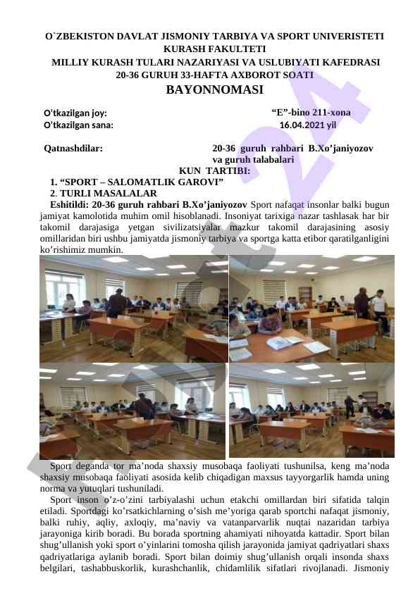 Kurash fakulteti milliy kurash turlarining nazariyasi