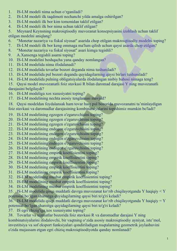 Is-lm modelining asosiy ta'riflari va muammolari