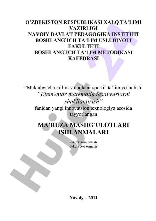 Elementar matematik tasavvurlarni shakllantirish ma'ruzalar