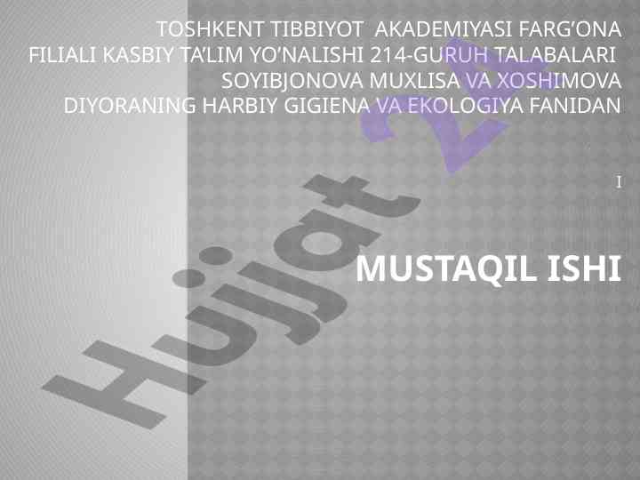 Harbiy gigiena va ekologiya fanidan mustaqil ish