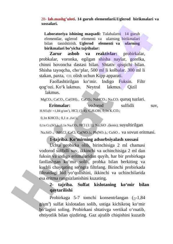 Uglerod birikmalari va xossalari bo'yicha tajribalar