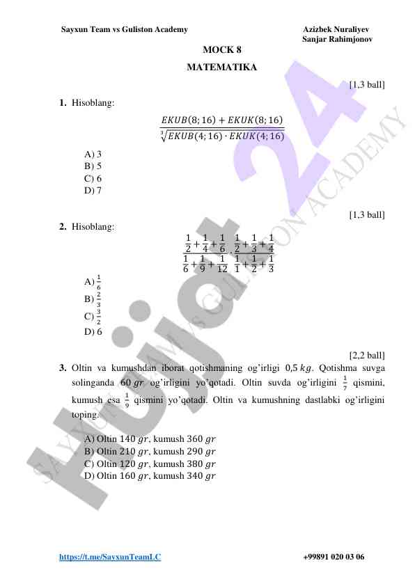 Matematika testi: sayxun team va guliston academy