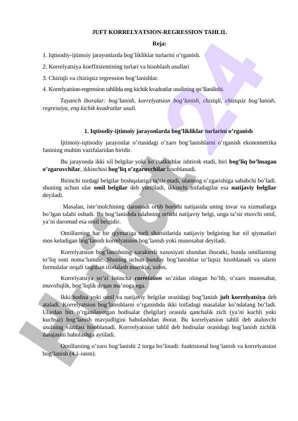 Korrelyatsion-regression tahlilida ushbu usullar