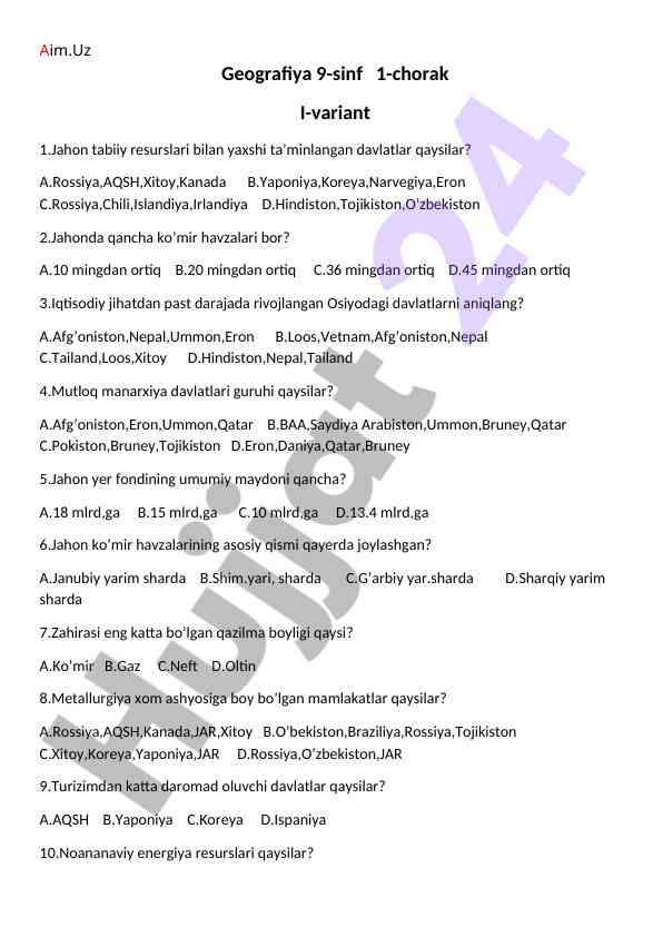 Jahon tabiiy resurslari bo'yicha test savollari