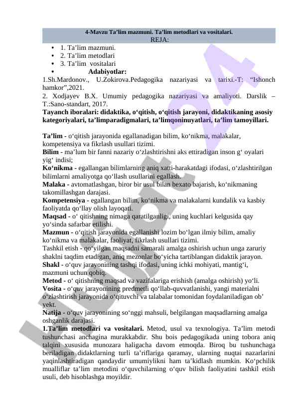 Ta’lim mazmuni va metodlari bilan tanishtirish