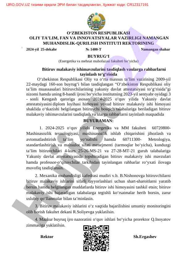 Energetika va mm fakulteti bitiruv mavzulari tasdiqlash