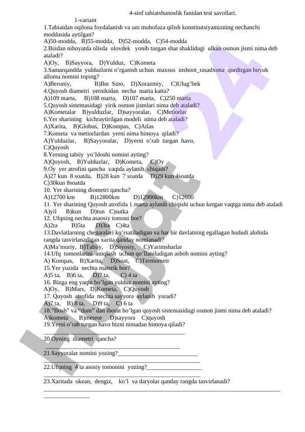 4-sinf tabiatshunoslik fanidan test savollari