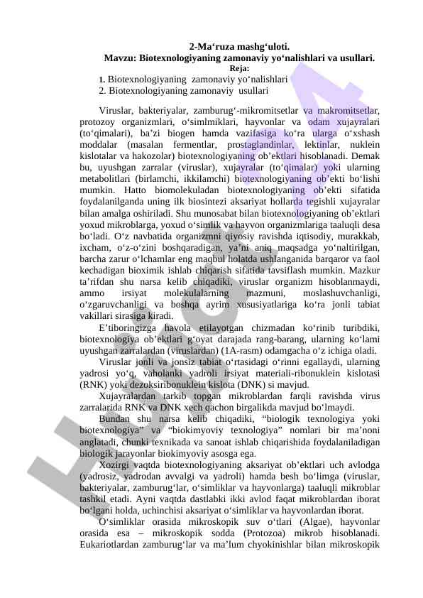 Biotexnologiyaning zamonaviy yo‘nalishlari va usullari