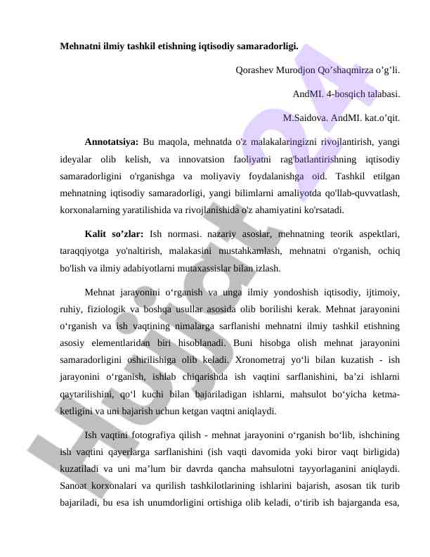 Mehnatni ilmiy tashkil etishning iqtisodiy samaradorligi