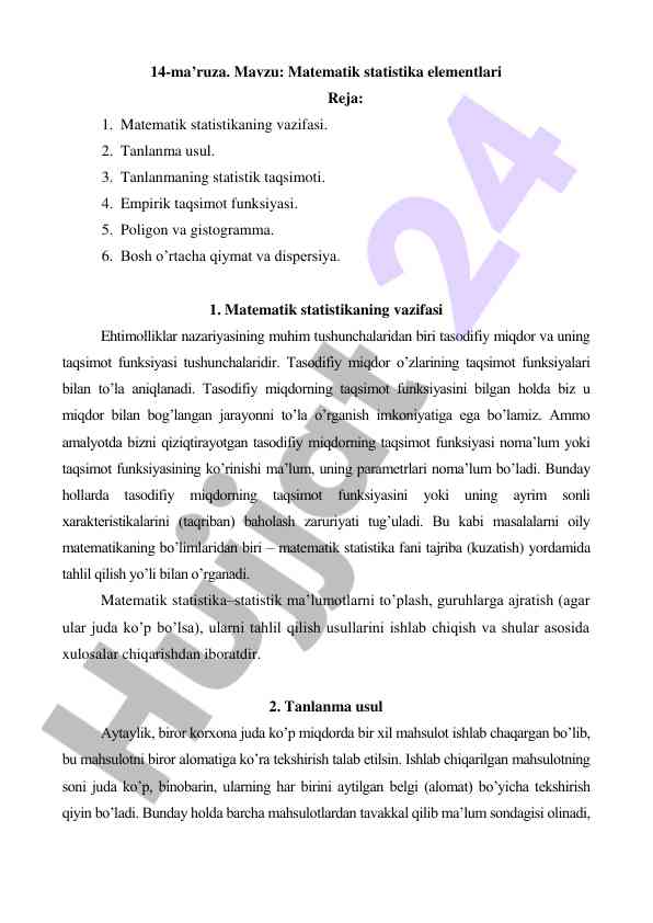 Matematik statistika elementlari mavzusi