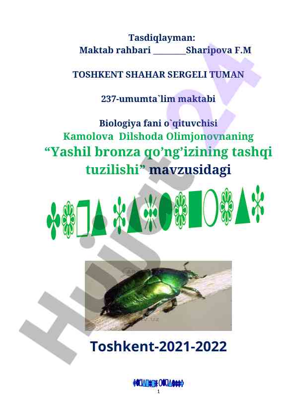 Yashil bronza qo’ng’izining tashqi tuzilishi