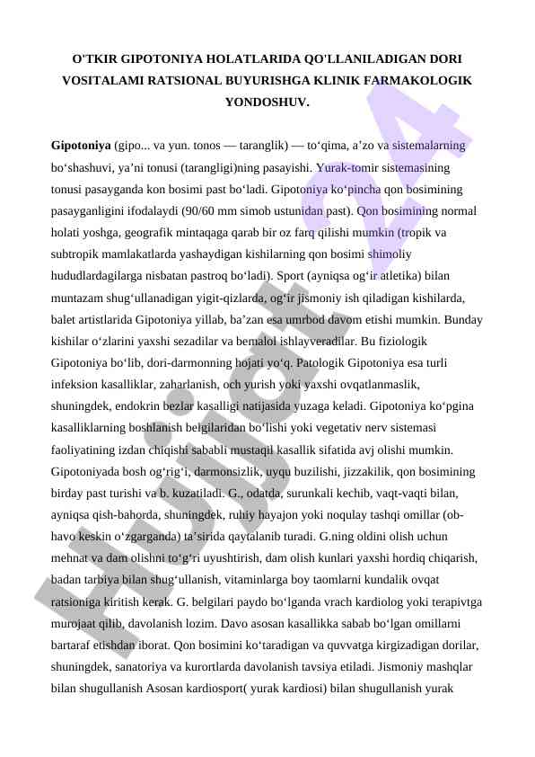 Gipotoniya holatlarida dori vositalarini buyurish