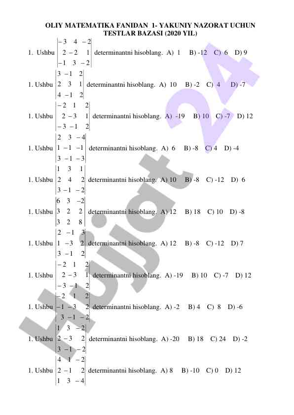 Oliy matematika fanidan yakuniy nazorat testlar