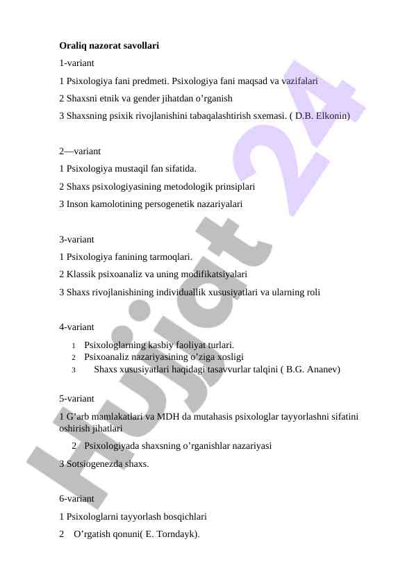 Psixologiya fanida oraliq nazorat savollari