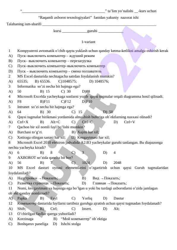 Raqamli axborot texnologiyalari yakuniy nazorat islari