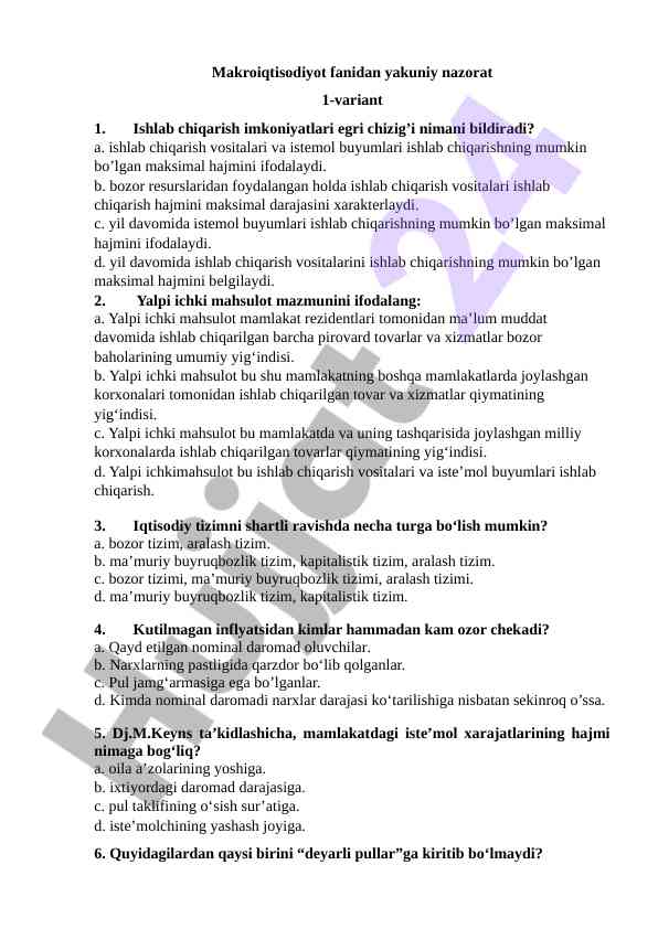 Makroiqtisodiyot fanidan yakuniy nazorat 1-variant