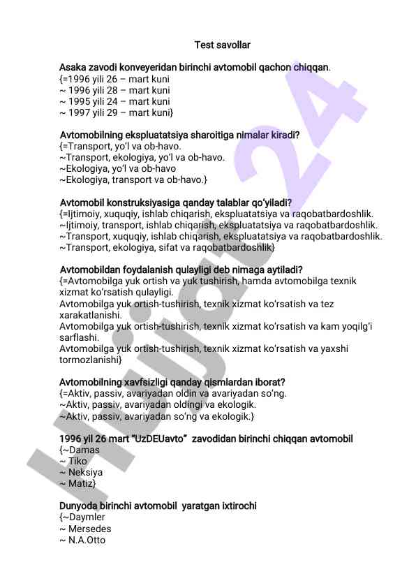 Avtomobil texnologiyalari bo'yicha test savollari