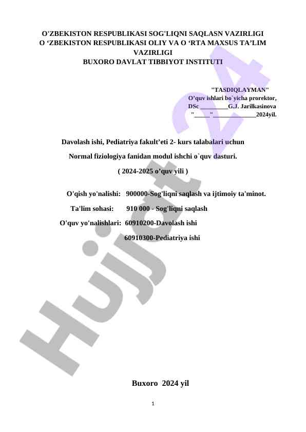 Normal fiziologiya fanidan modul ishchi dasturi