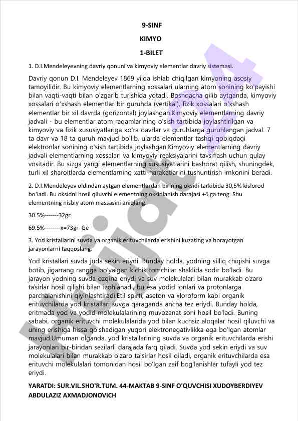 9-sinf kimyo darsligi bo'yicha 1-bilet