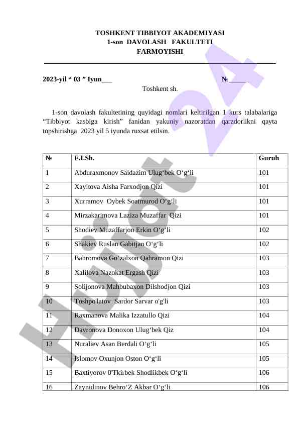 Tibbiyot kasbiga kirish fanidan nazorat imtihoni