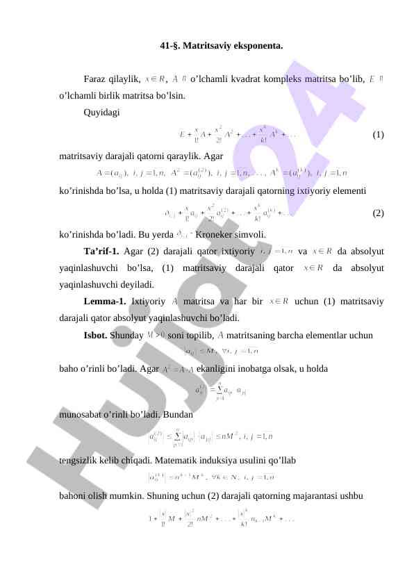 Matritsaviy eksponenta va absolyut yaqinlashish