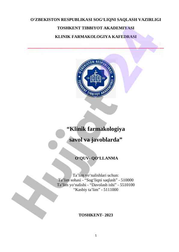 Klinik farmakologiya savol va javoblarda o‘quv qo‘llanma
