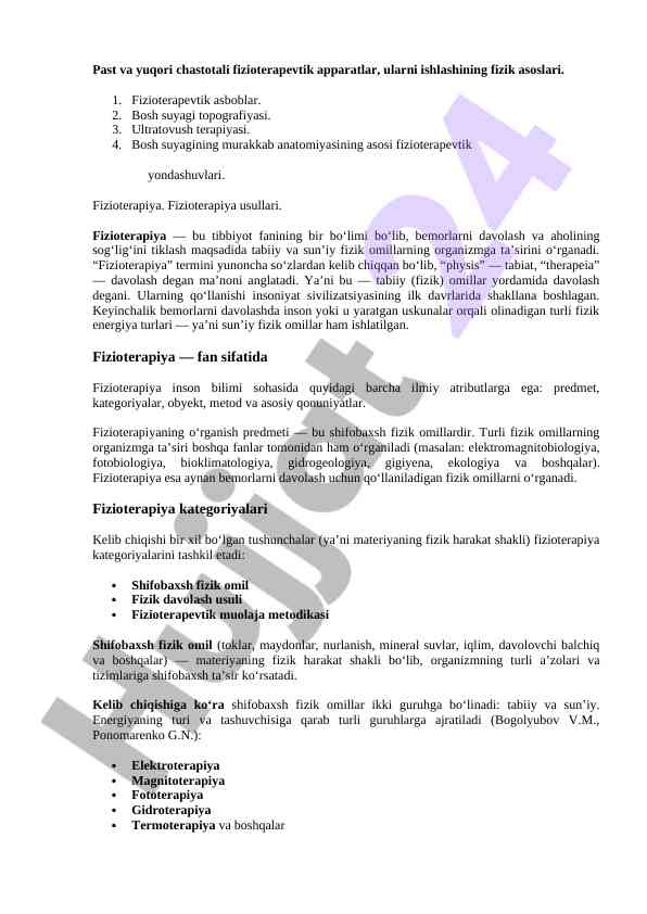 Fizioterapiya: fizik asoslar va usullar
