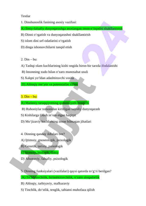 Dinshunoslik fanida testlarni o‘tkazish metodlari