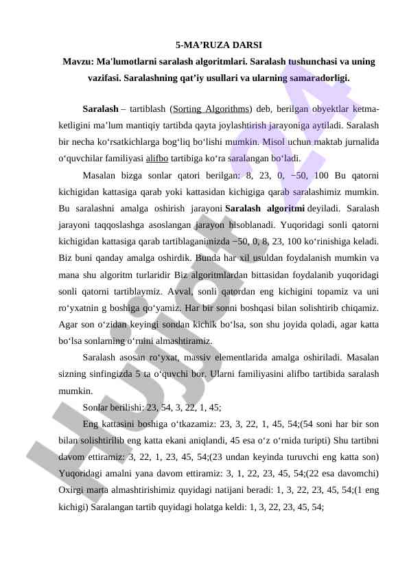 Ma'lumotlarni saralash algoritmlari tahlili