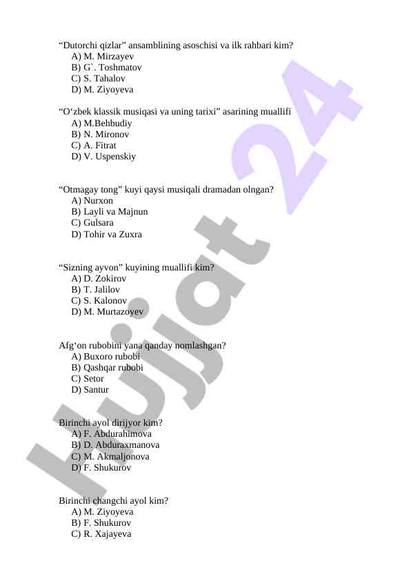 O‘zbek musiqa tarixi haqida test savollari