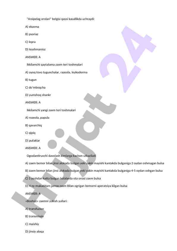 Dermatologik kasalliklar bilan bog‘liq savollar